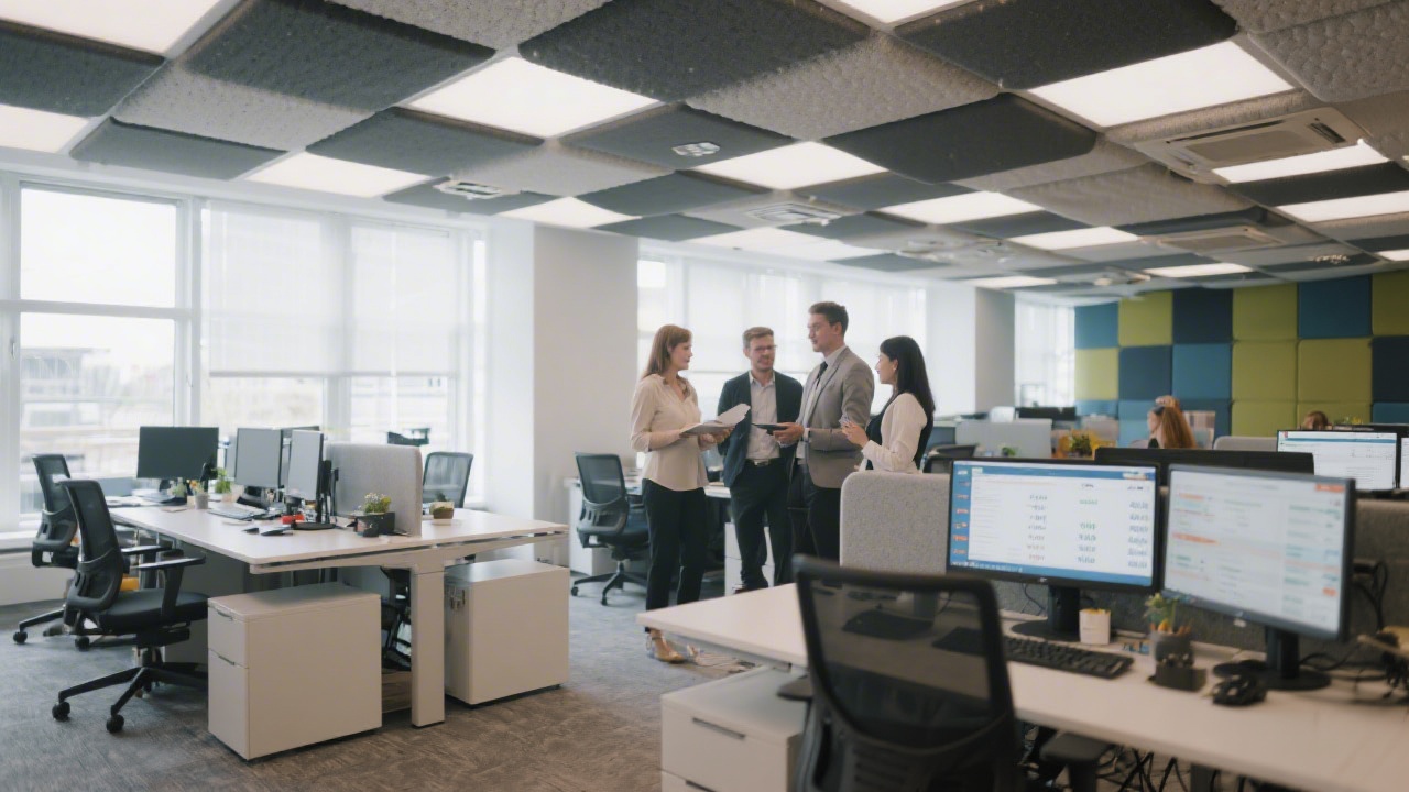 Contemporary Berlin office interior with collaborative workstations, acoustic panels, and daylight supporting payroll analysts discussing monthly settlement quality reviews