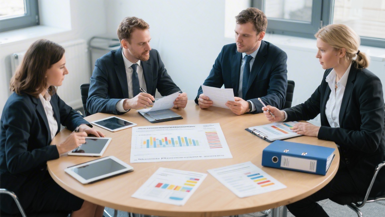 Experienced payroll compliance advisors collaborating around a round table with regulatory binders, digital tablets, and German tax legislation charts to prepare accurate deduction audits