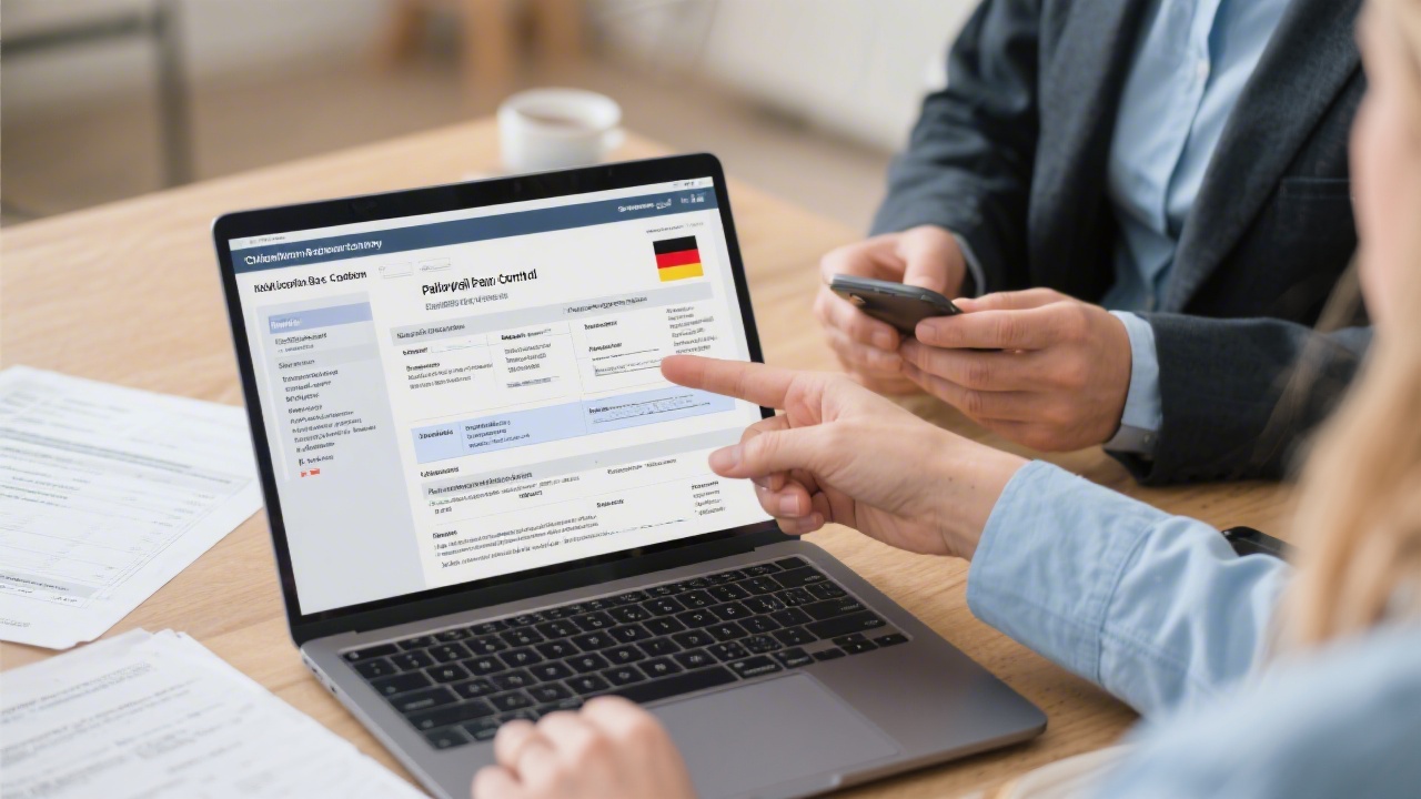 Client advisor explaining optimized payroll controls on a laptop while referencing detailed process documentation and checklist templates for cross-border employees in Germany