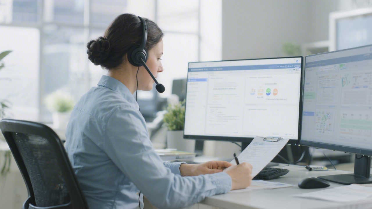 Customer care representative responding to payroll inquiries via headset while reviewing case management software and compliance notes in a focused service environment