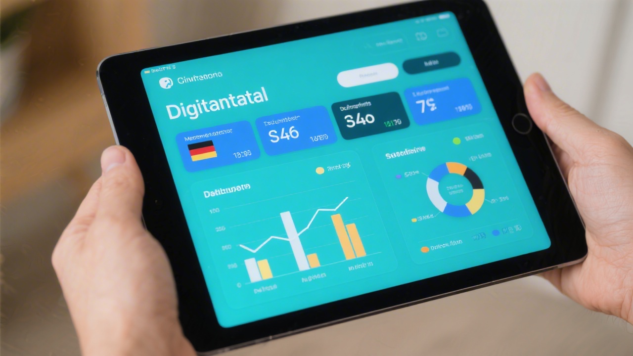 Digital payroll dashboard showcasing German salary deduction categories and interactive charts on tablet device with teal and blue user interface elements