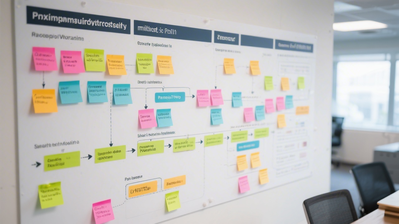 Process visualization showing interconnected payroll phases, validation milestones, and smart reminders mapped across a secure enterprise planning wall with color-coded sticky notes