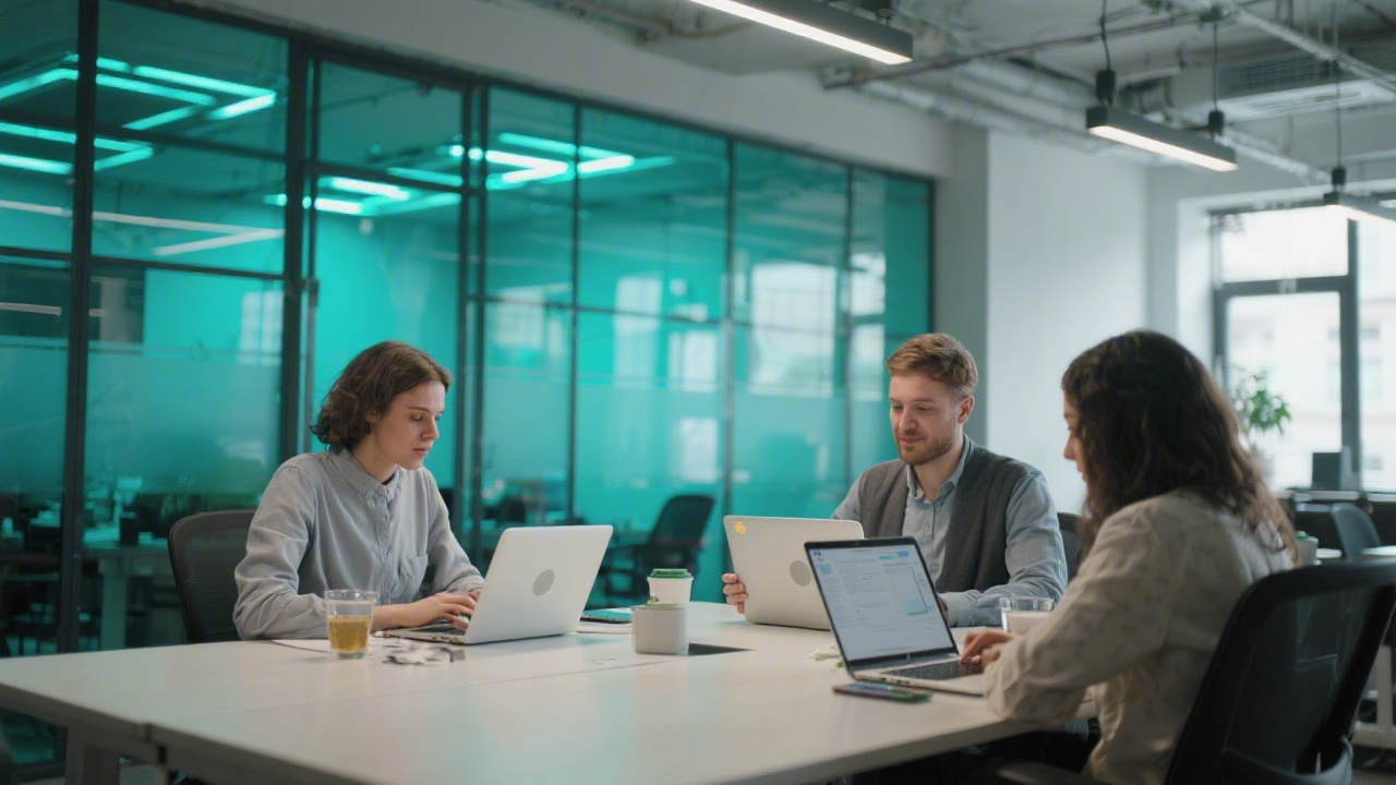 Focused payroll specialists collaborating around laptops in modern Berlin coworking space with glass walls and teal accent lighting
